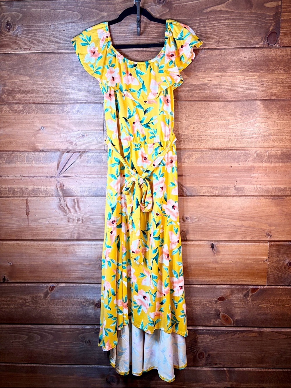 NWOT Yellow Floral Ruffle High Low Maxi Dress with Tie Waist Size XS 🌸💛